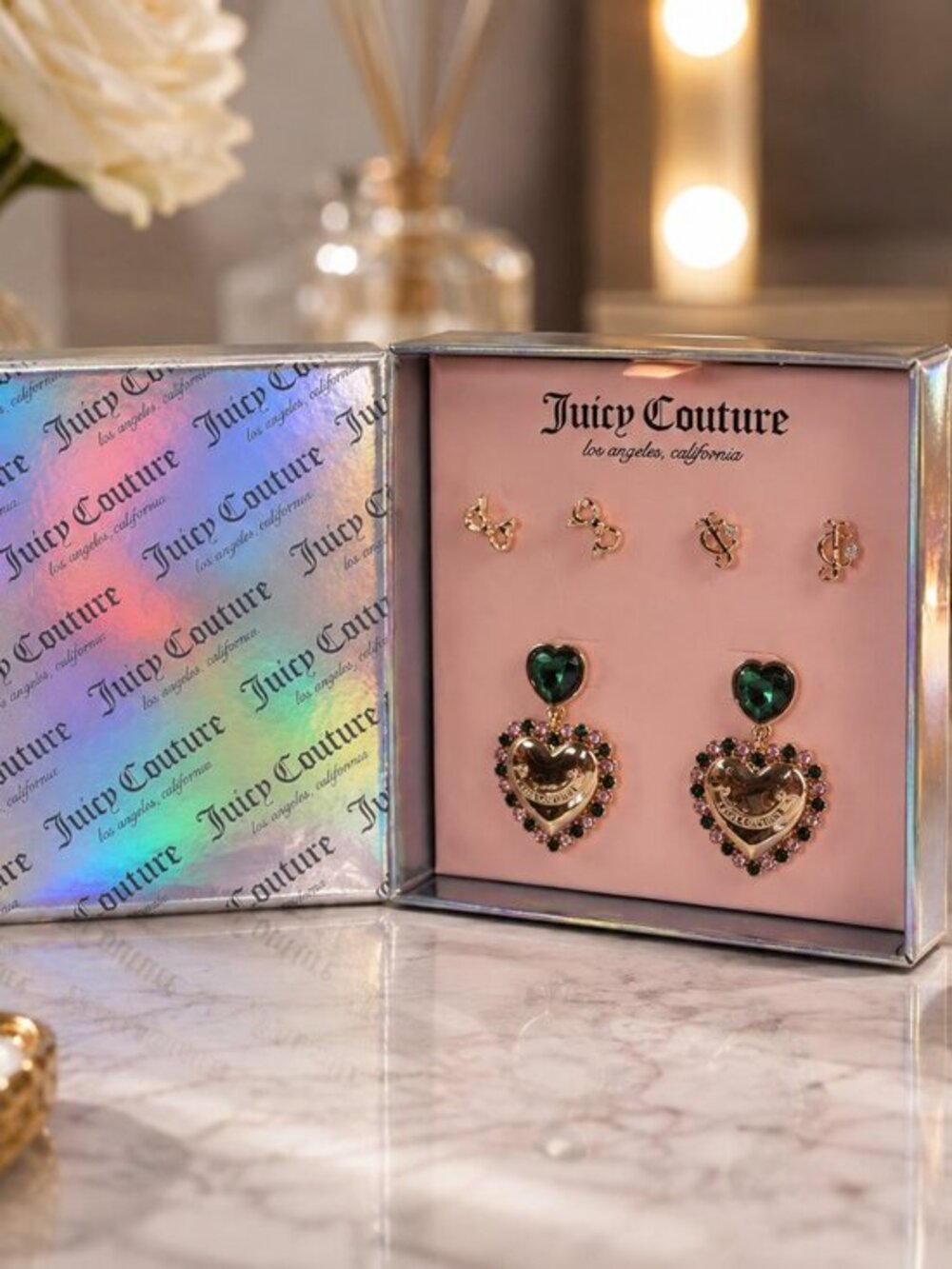 Juicy Couture Crystal Heart & Bow Earring Set 3 Pair NWT